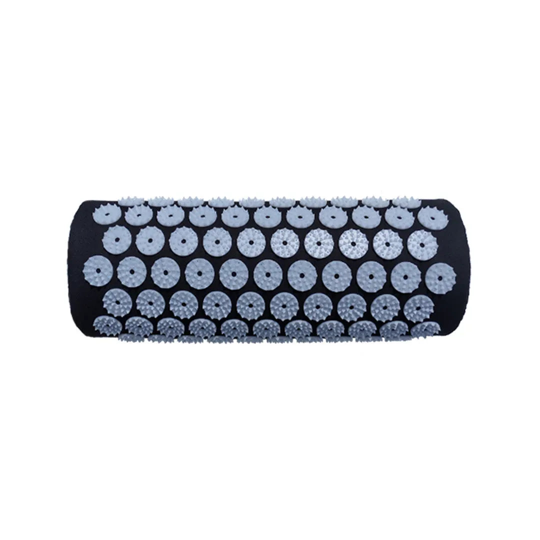 Acupuncture massage mat yoga mat set with black and blue cushion and headrest on floor