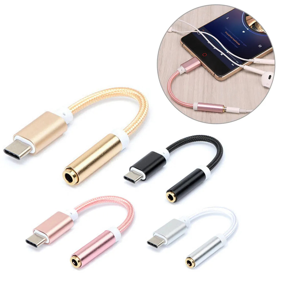 Short black nylon-braided Type-C to 3.5mm female audio adapter cable on a white background.