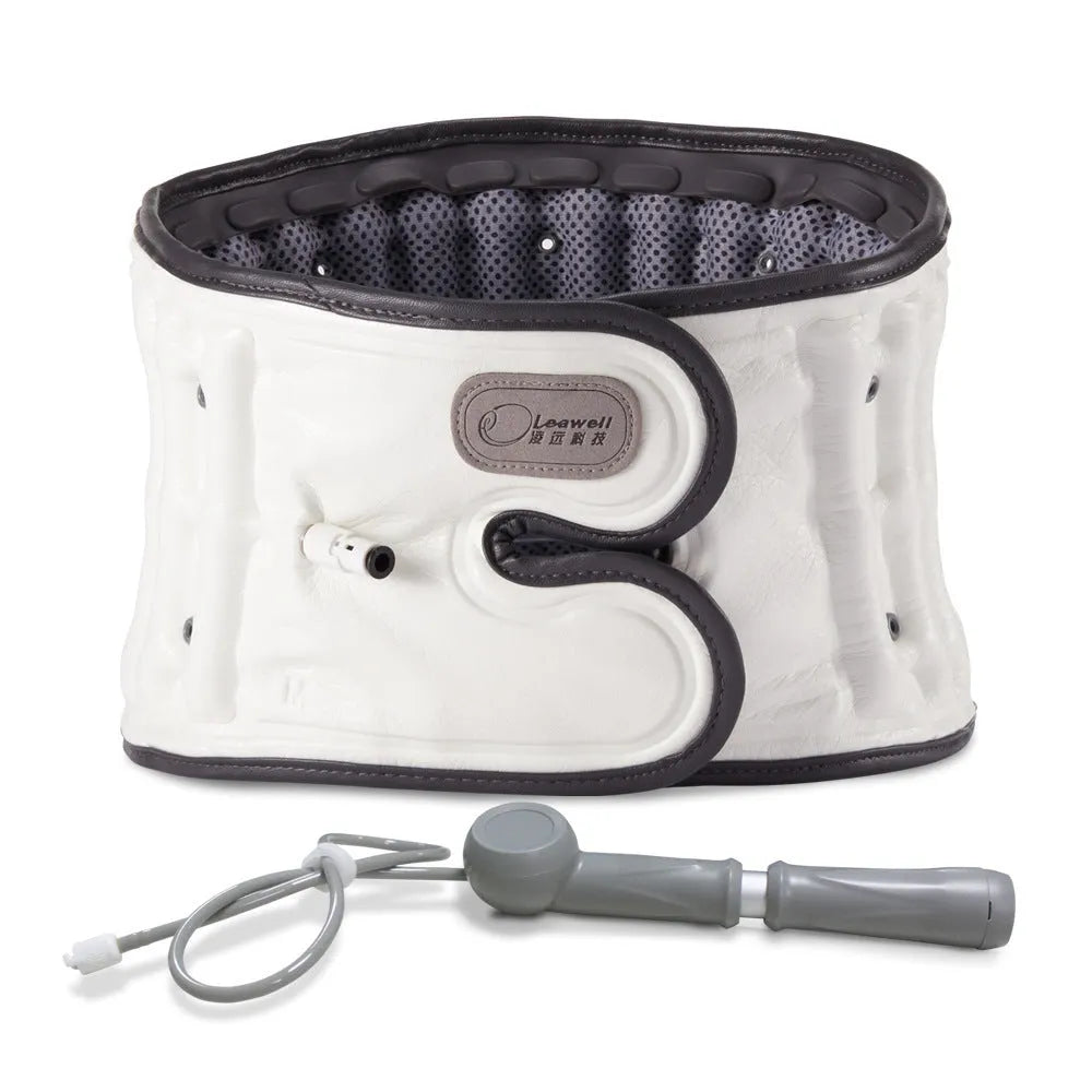 White electric lumbar waist supporter with automatic inflation, shown with a 220V two-pin flat plug.