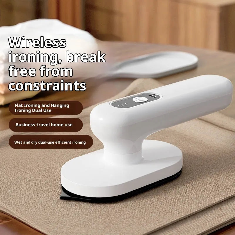 White plastic wireless mini portable pressing machine with USB power and 3-step thermostat on a neutral background