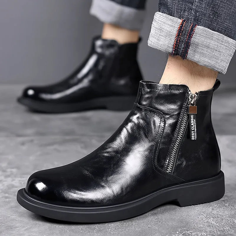 Men's genuine leather Chelsea boots in brown, non-slip rubber sole, round toe, side zipper