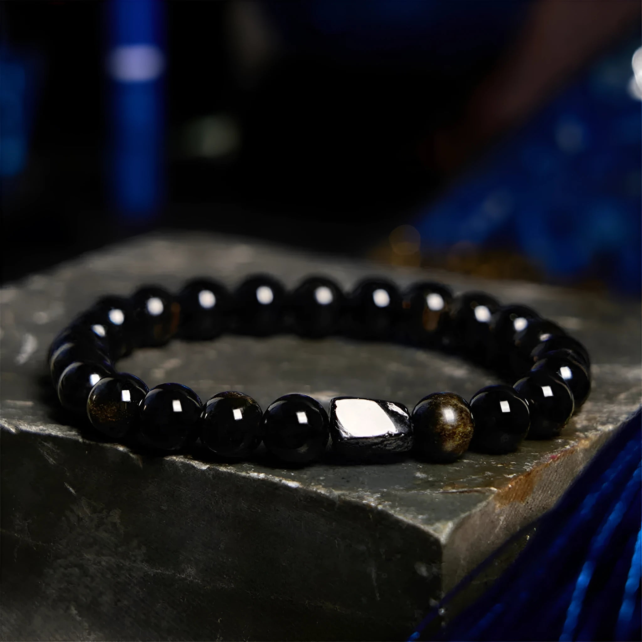 Natural obsidian bracelet with constellation design and 8mm stone in retro unisex style