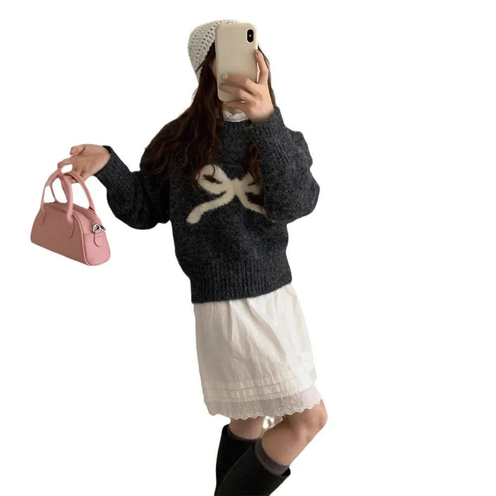 Women's loose round neck bowknot sweater in cashmere blend, raglan sleeve pullover, free size, available in apricot