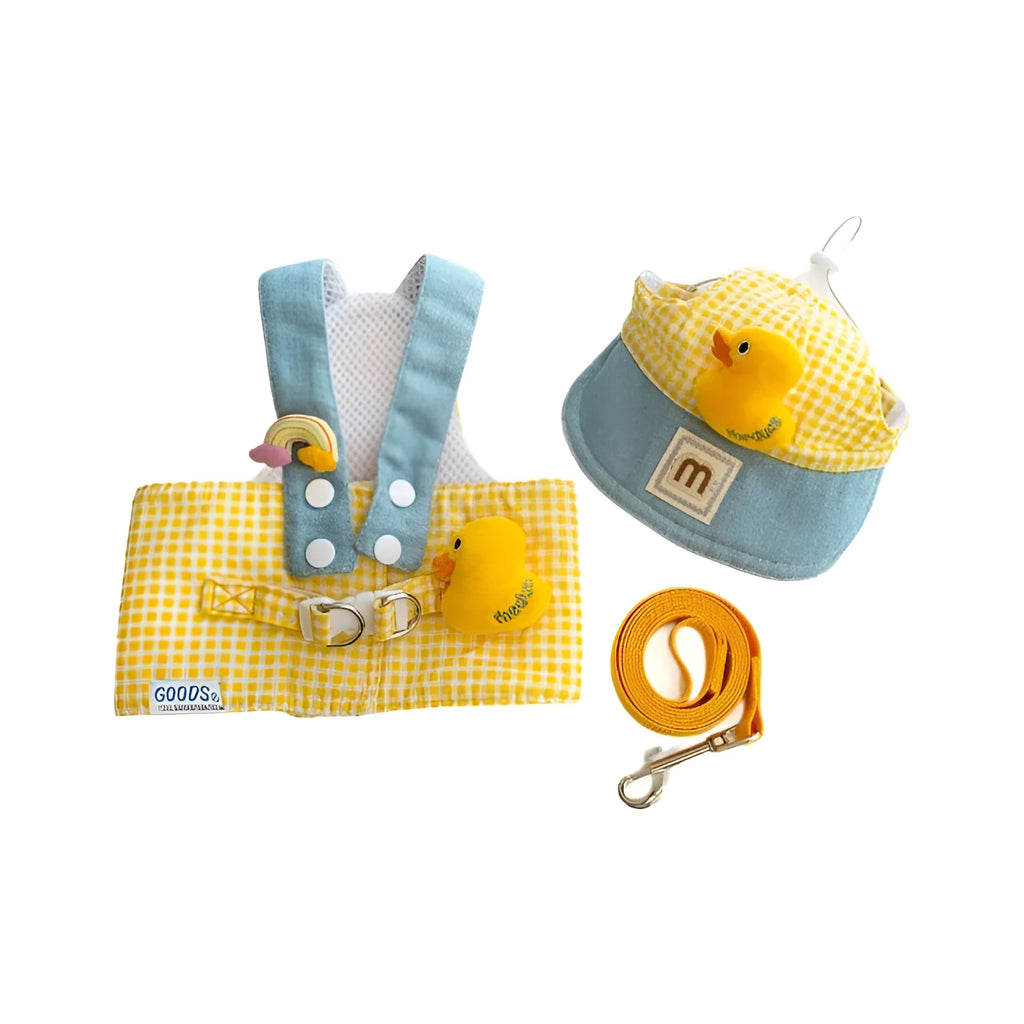 Three-piece pet harness and leash set with wire rope pulling rope and detachable cute hat