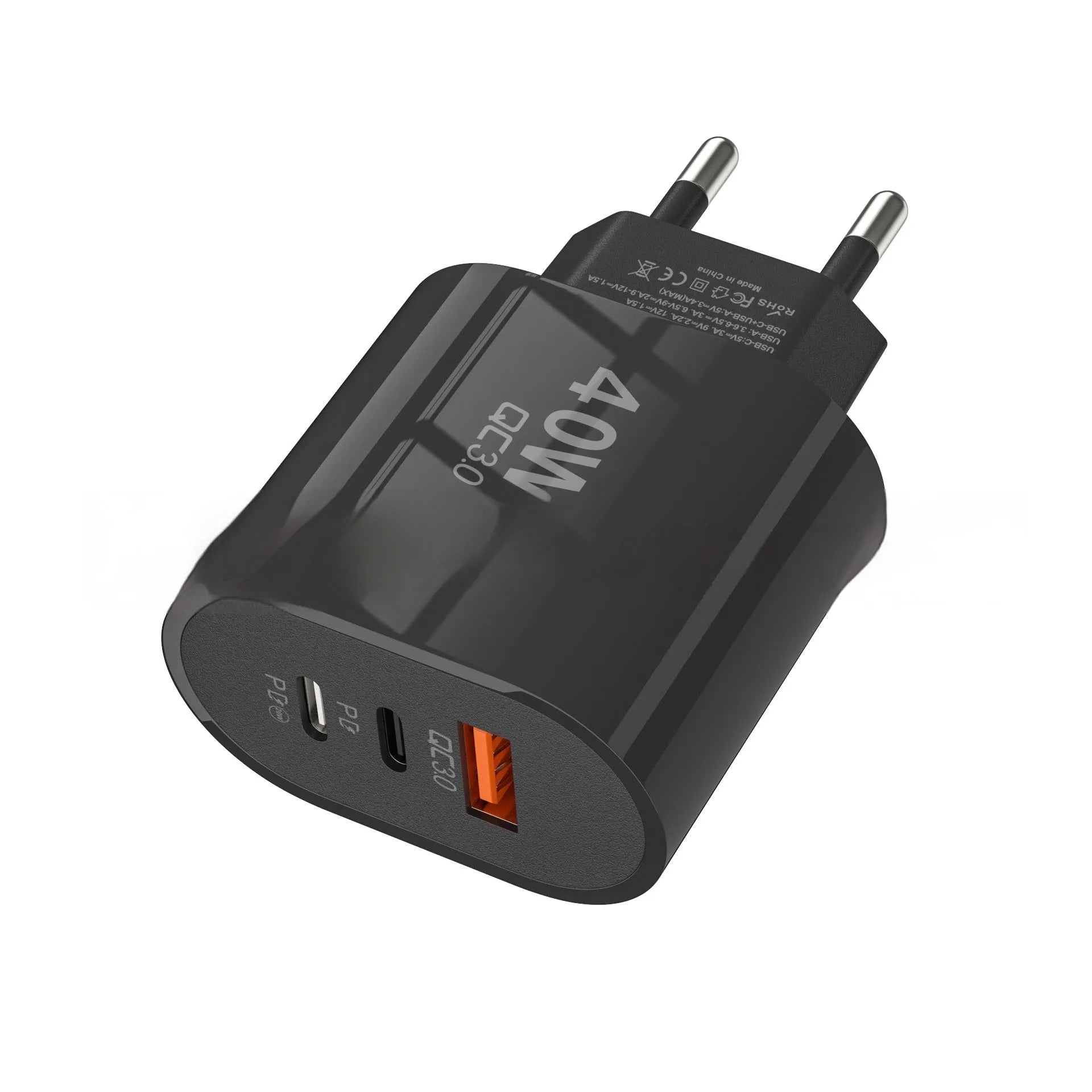 40W multi-port charger for Android mobile phone with EU and US plug options in black, white, and yellow