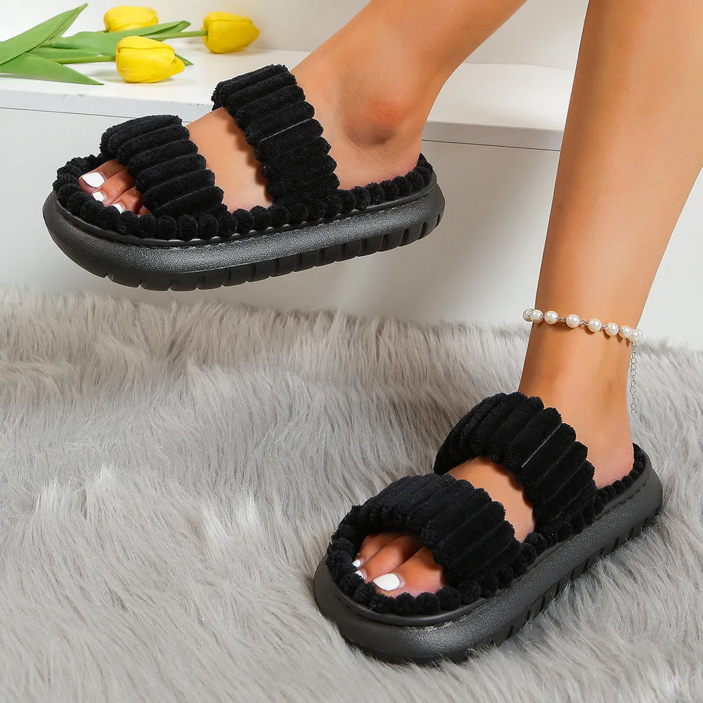 Lamb wool women's cotton slippers with plush upper and hollow out design in black