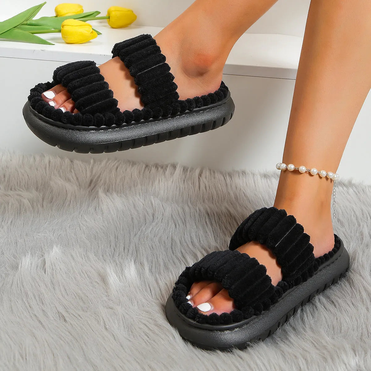 Lamb wool women's cotton slippers with plush upper and hollow out design in black