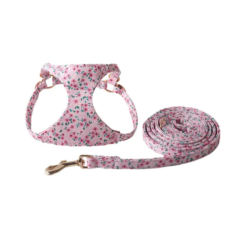 Floral pet harness suit with matching chest back piece and leash in multiple colour options