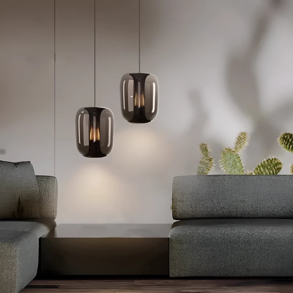 Minimalist Nordic style chandelier in smoky grey colour, 16cm wide by 20cm high.