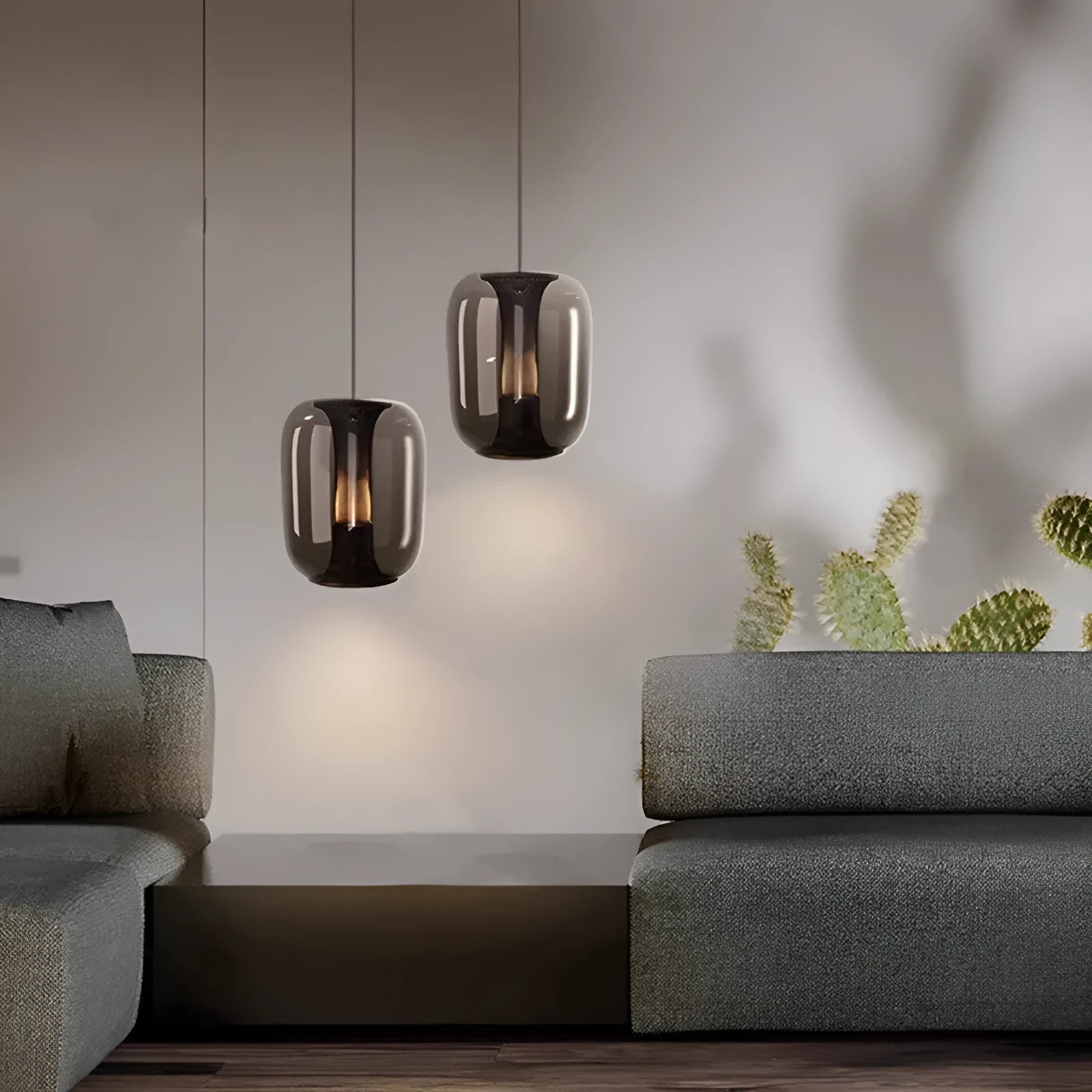 Minimalist Nordic style chandelier in smoky grey colour, 16cm wide by 20cm high.