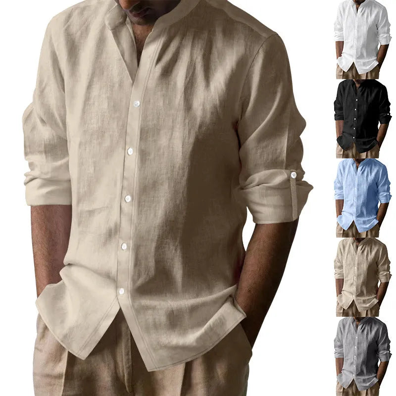 Men's linen-cotton long sleeve stand collar shirt in solid colour, slim fit, cardigan style