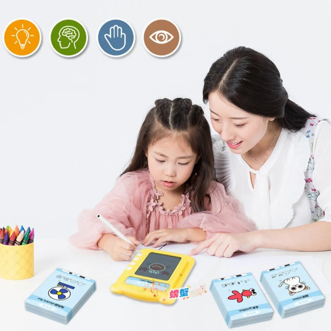 Yellow creative stick figure early education learning machine with bilingual cards on table