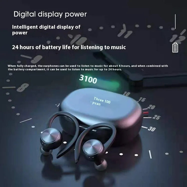 R200TWS ear-mounted sports Bluetooth headset with digital display, sweat-proof design, available in black white pink skin
