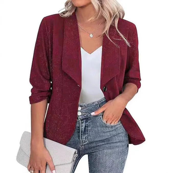 Slim-fit polyester cardigan suit jacket in black, white and wine red colours with regular long sleeves
