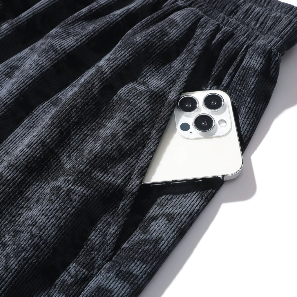 Men's corduroy camouflage athletic shorts with straight-leg cut and elastic waistband in black colour
