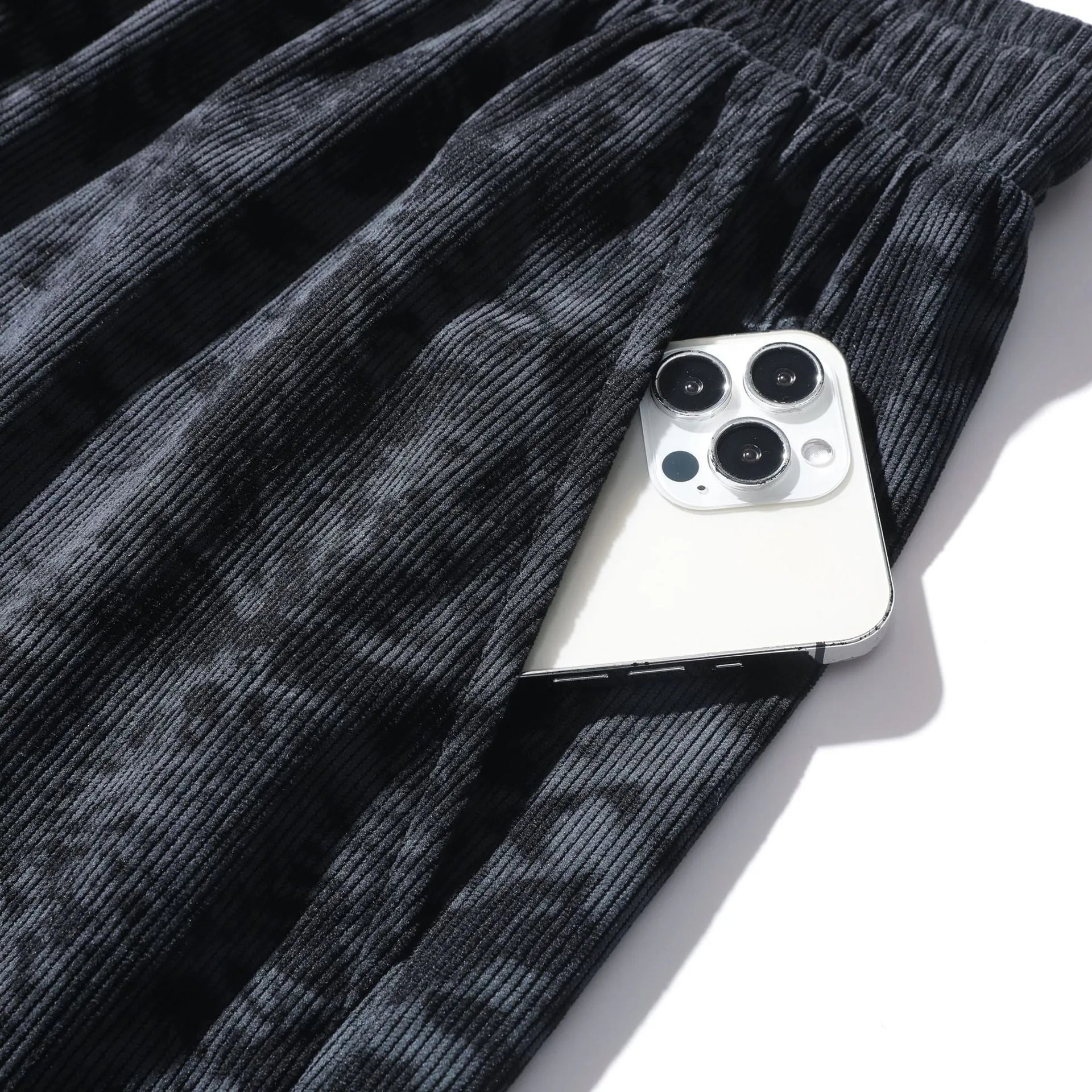 Men's corduroy camouflage athletic shorts with straight-leg cut and elastic waistband in black colour