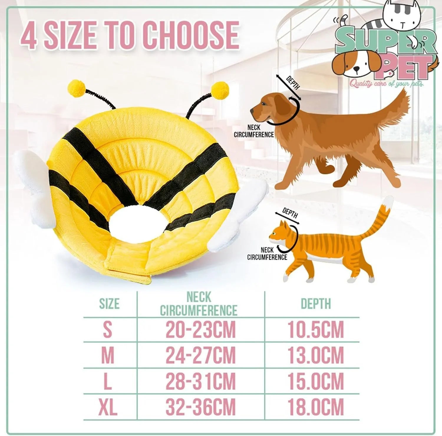 Soft bee-shaped cat cone collar with Velcro closure in adjustable sizes for post-surgery recovery