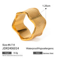 Stainless steel wide band wave ring in geometric Korean style on a plain background.