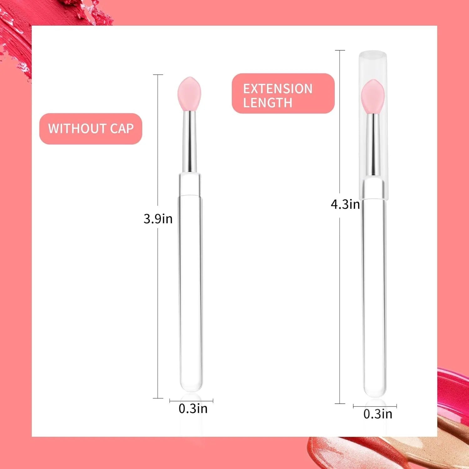 Set of reusable silicone lip brushes with protective caps in various colours on a white background.