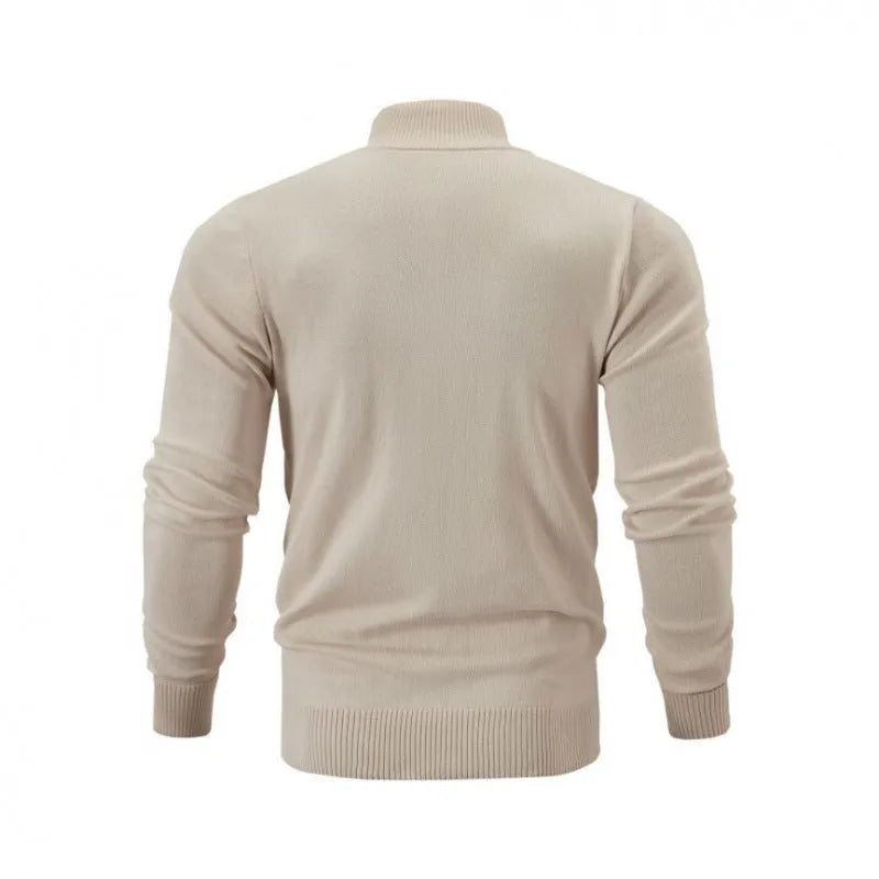 Men's loose-fitting casual zip-front cardigan sweater with a stand collar in a solid colour.