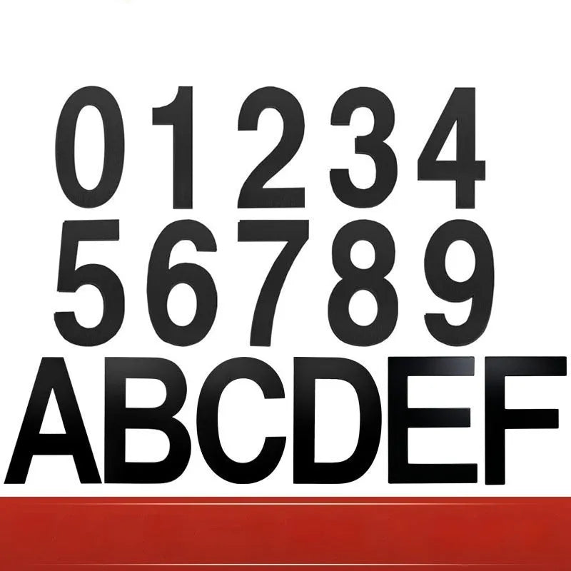 Black stainless steel sticky house numbers showing letters A-F and numbers 0-9, each 7.5cm tall