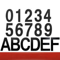 Black stainless steel sticky house numbers showing letters A-F and numbers 0-9, each 7.5cm tall