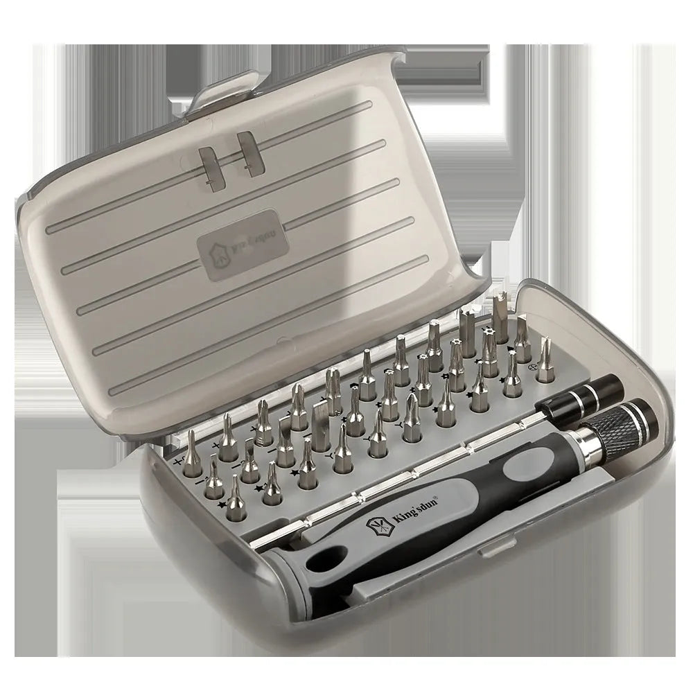 32 in 1 screwdriver set with 30 bits displayed in a black PP plastic storage case