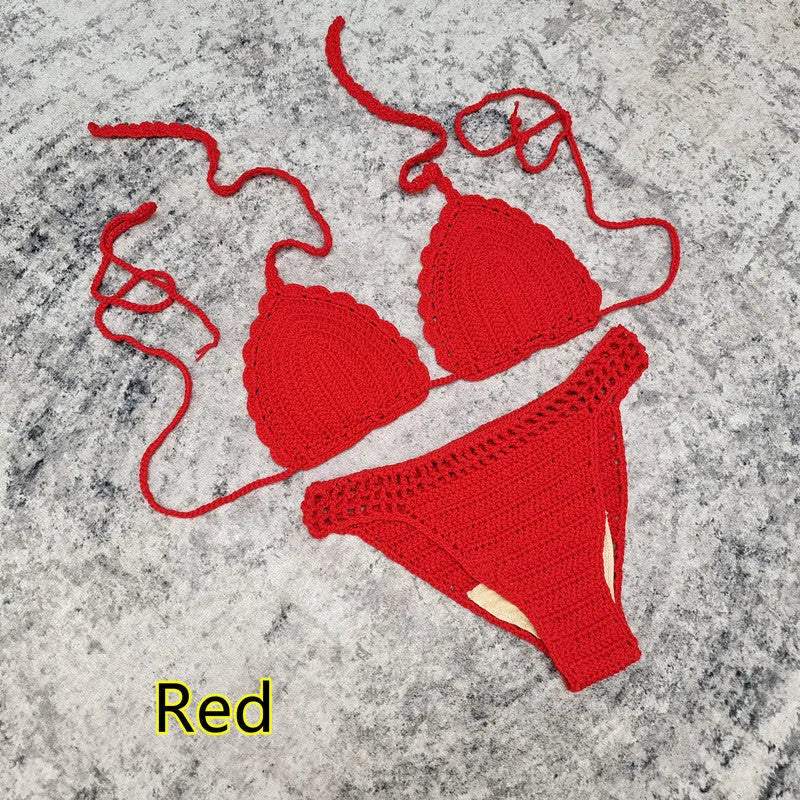 Women's white handmade crochet bikini swimsuit set with a separate matching skirt.