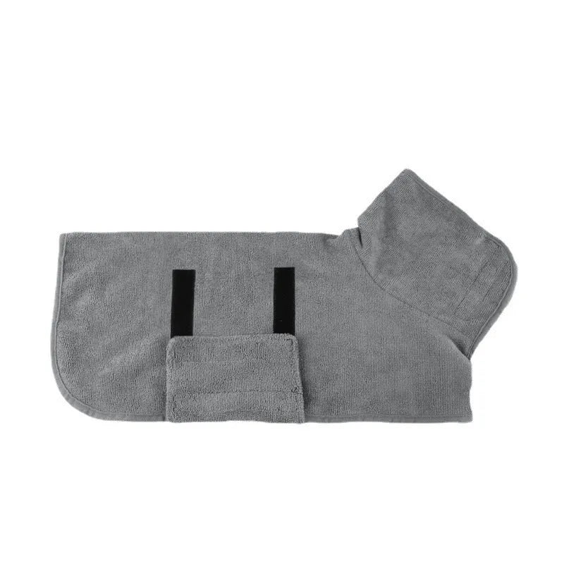 Grey nylon dog robe towel drying coat for pets with wrap-around design