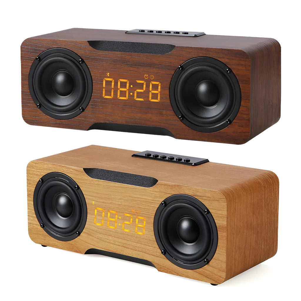 Wooden clock Bluetooth speaker with digital display in brown finish, showing clock face and speaker grille