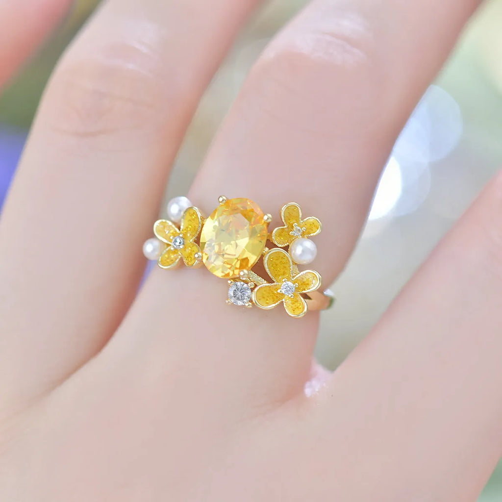 Flower pearl zircon open ring in yellow or light purple with floral design and adjustable opening