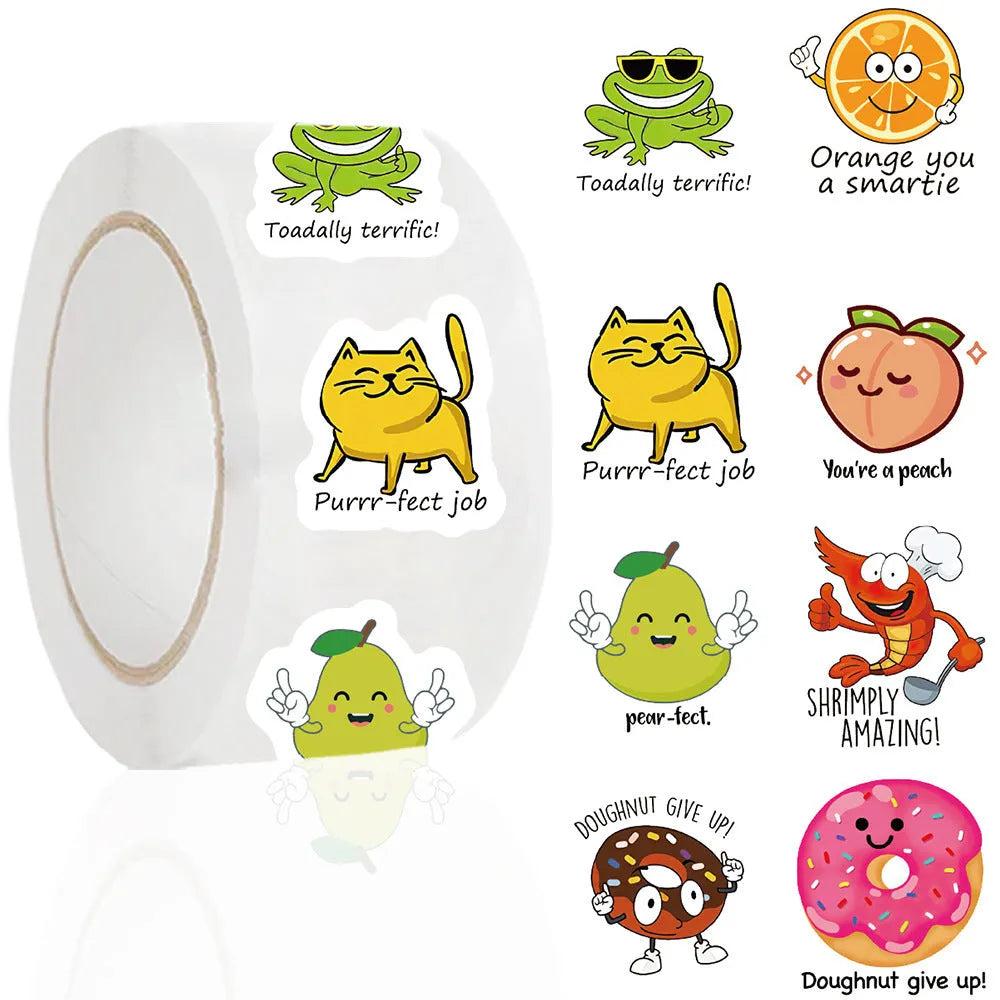 Roll of white DIY children's toy stickers, 500 sheets, 3cm thickness, 3-6cm sizes, cute printed style