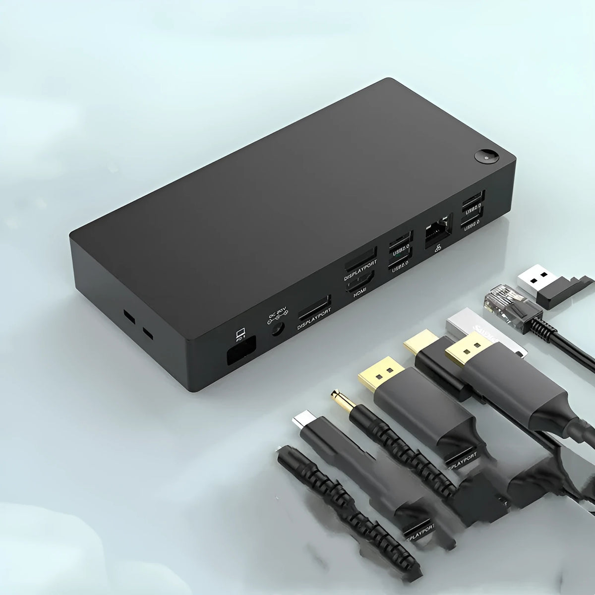 Lx100 Type-C docking station with 12 ports, 4K display support, external power supply, and 81.5cm cable