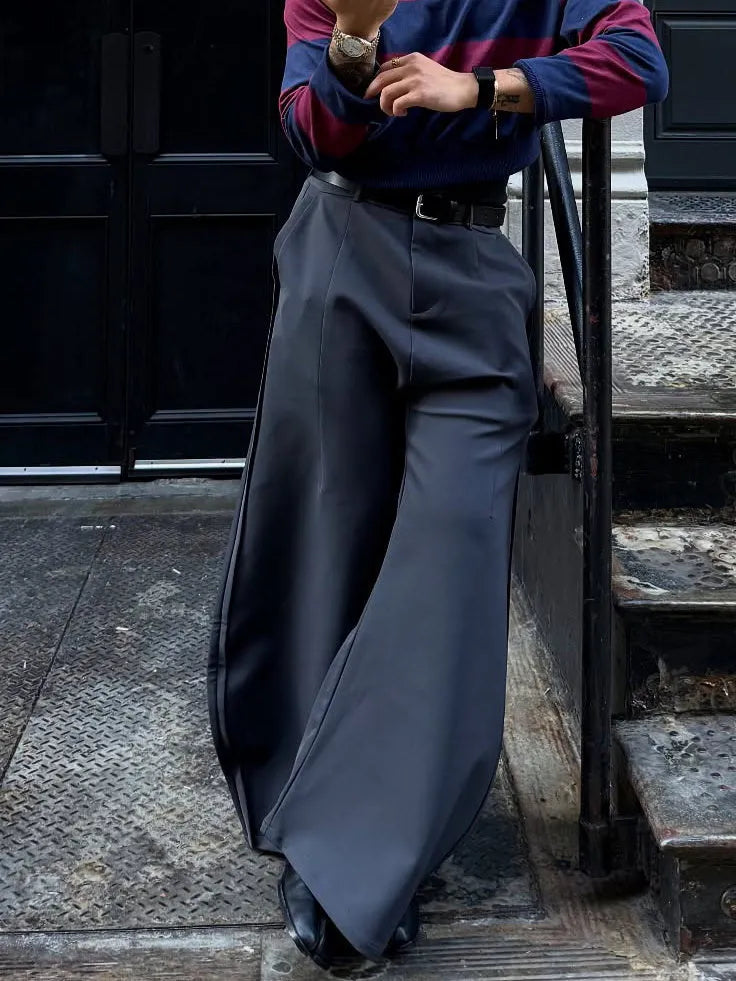 Grey scimitar wide-leg casual polyester pants for women, full-length regular fit