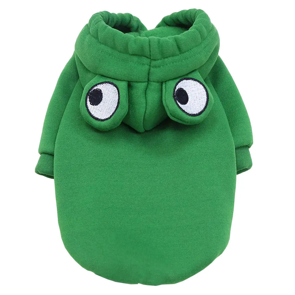 Green frog costume hoodie on a small dog, showing hood with frog face and four-legged jumper fit.