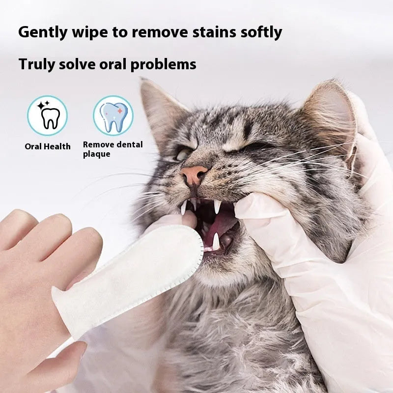 A pack of 50 disposable non-woven fabric finger cots for cleaning dog and cat teeth