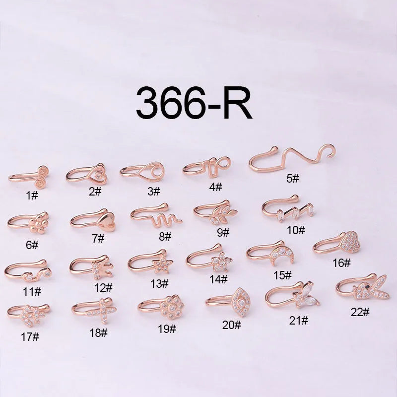 Heart-shaped AAA zircon nose ring in brass setting, clip-on design, gold finish