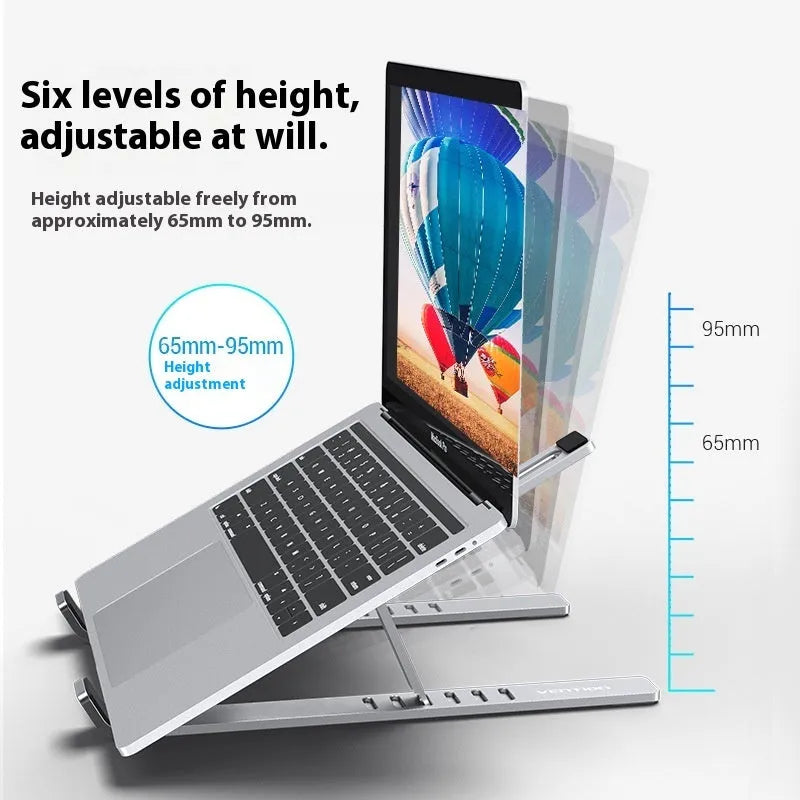 Silver aluminum alloy desktop laptop stand with adjustable height from 65mm to 95mm on a wooden desk