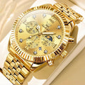 Men's full gold stainless steel quartz watch with round dial and butterfly clasp on a white surface