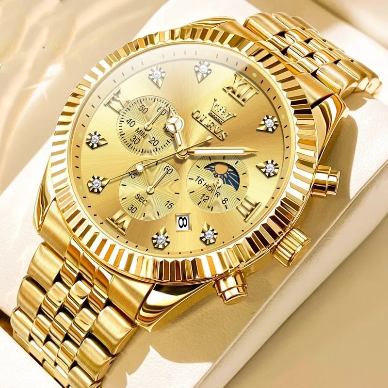 Men's full gold stainless steel quartz watch with round dial and butterfly clasp on a white surface