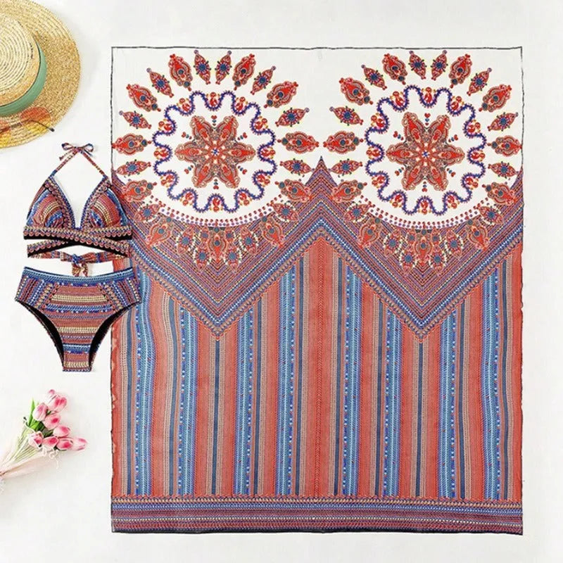 Women's three-piece split swimsuit set in picture colour, showing sleeveless cutout top, high-waist briefs, and coat.