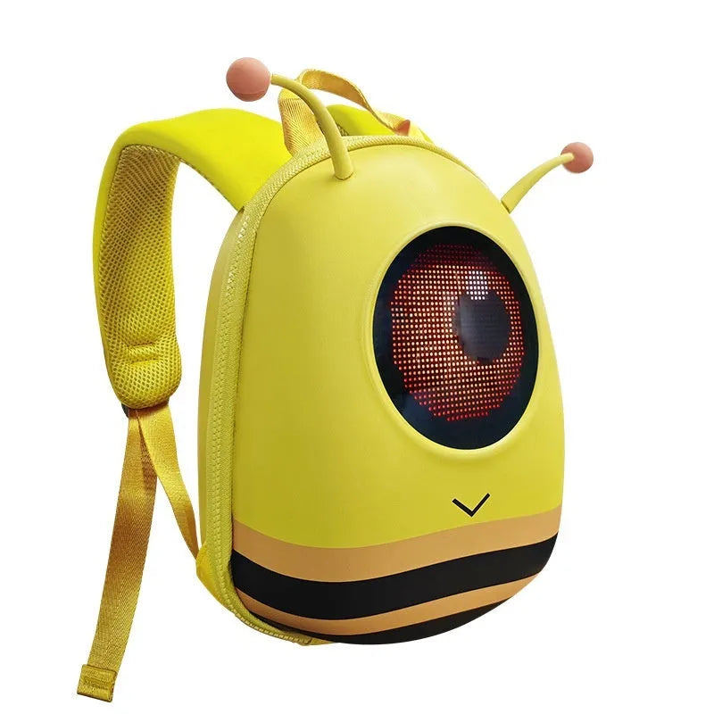 Yellow kids backpack with cartoon animation and eye animation design, EVA waterproof material, 23x12x30cm