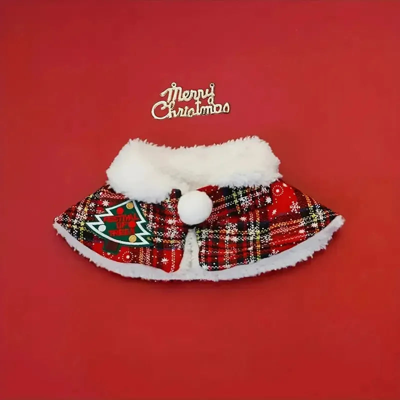 Pet warm scarf for cat or dog in festive red background design with bell motif, made from soft polyester.