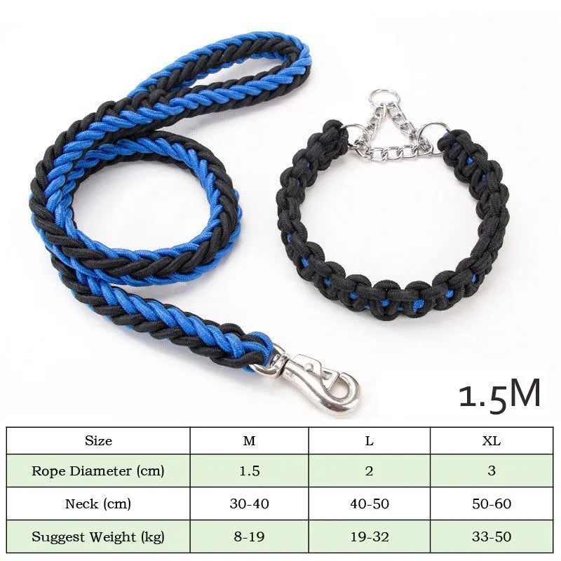 Heavy duty nylon braided dog collar and leash set in black, with 360-degree rotatable hook, for training and walking large dogs.