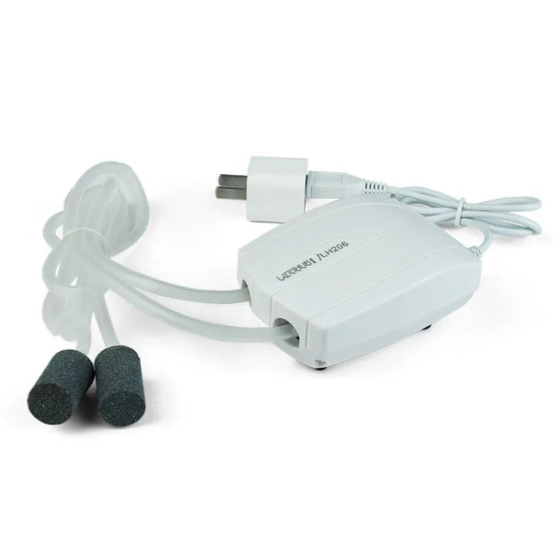 White ABS aquarium air pump with single outlet and air stone for fish tank oxygenation