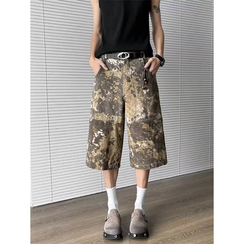 Yellow snake pattern camouflage cropped jeans in cotton denim fabric