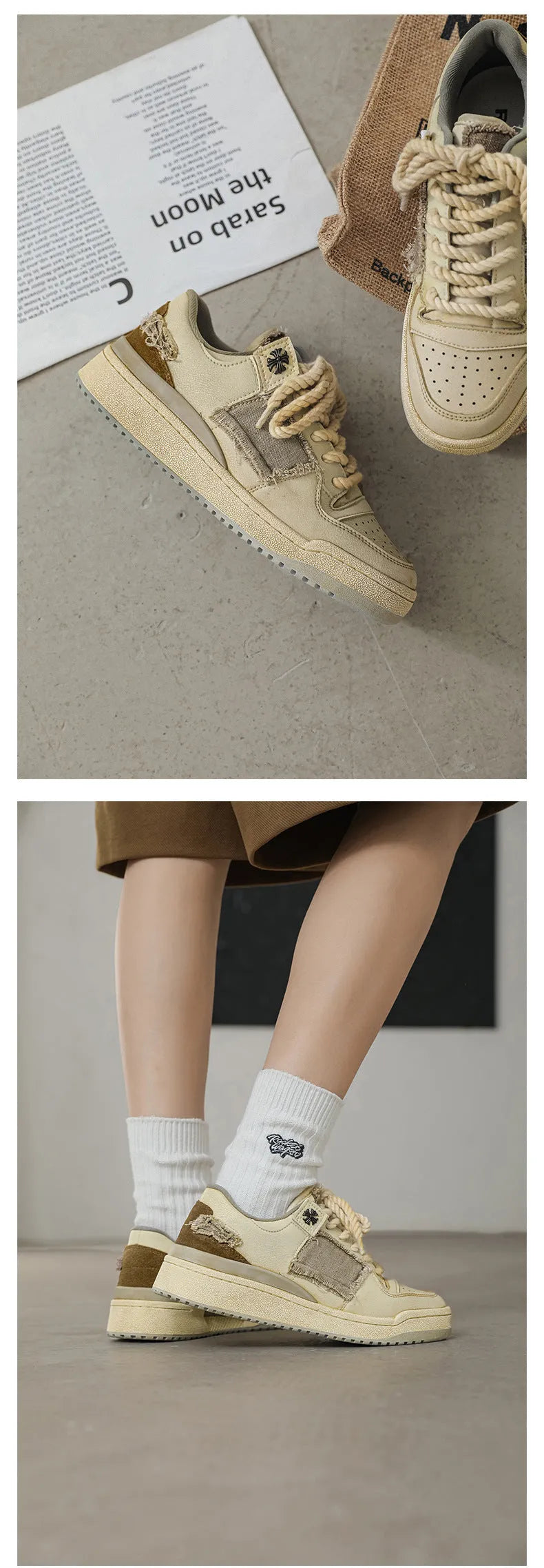 Beige low-top skateboard shoes with lace-up front and rubber soles