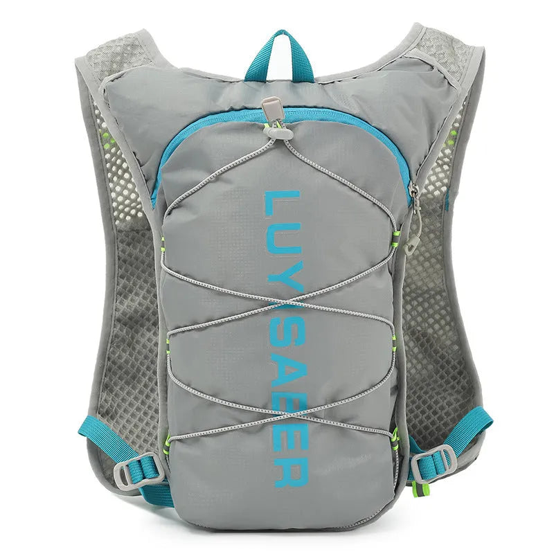 Solid colour nylon running backpack with reflective strips, shown in a light grey option.