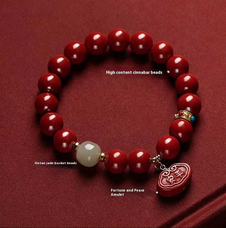 Natural cinnabar Emperor Sandstone bracelet with Ping An Fu Lu design in 8mm or 10mm bead size