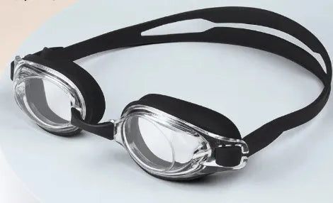 HD waterproof non-fogging swimming goggles for myopia, shown with a storage case.